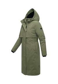 Olivengroene parka met capuchon, ritssluiting, verstelbare taille en zwarte accenten op de manchetten. Soepele textuur, middellange ontwerp.