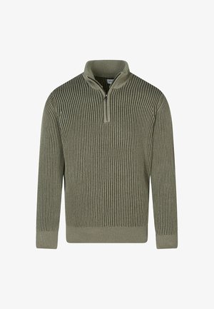 Olivgrüner Pullover mit hohem Kragen und Viertel-Reißverschluss. Verfügt über eine vertikal gerippte Struktur und lange Ärmel.
