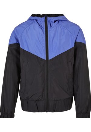 Veste légère à capuche avec fermeture éclair devant, poignets élastiques et design bicolore bleu et noir.