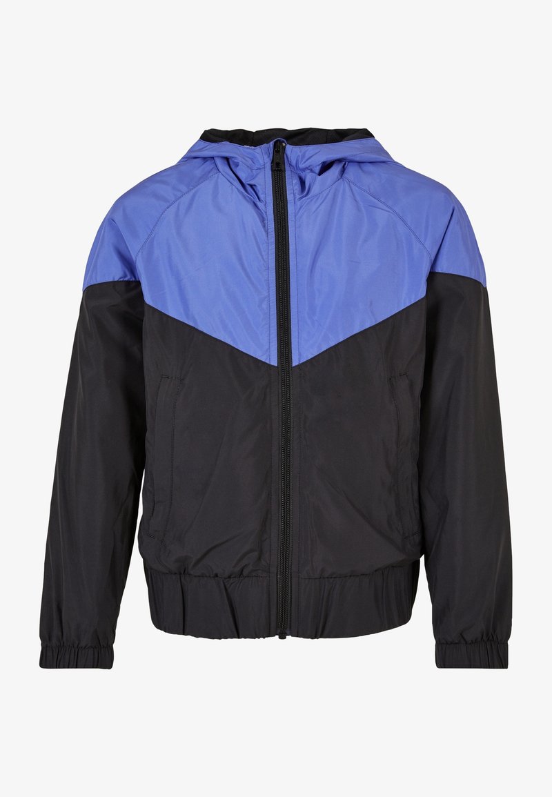 Veste légère à capuche avec fermeture éclair devant, poignets élastiques et design bicolore bleu et noir.