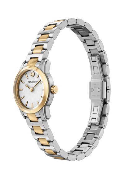 Montre en acier inoxydable bicolore argent et or avec un cadran rond en nacre blanche, doté d'aiguilles et d'index dorés.