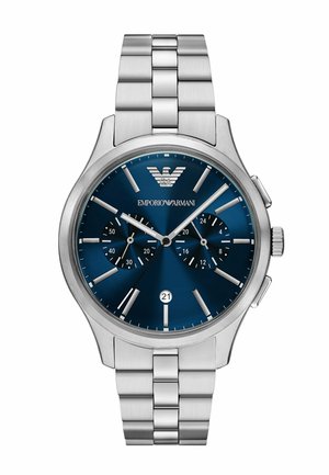 Silberne Armbanduhr von Emporio Armani aus Edelstahl mit blauem Zifferblatt, zwei Hilfszifferblättern, Datumsfenster bei 6 Uhr und silbernem Gliederarmband.