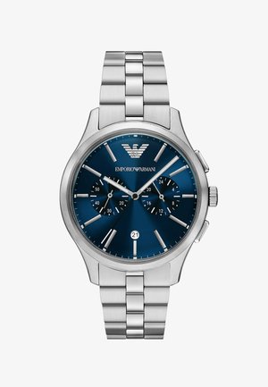 Silberne Armbanduhr von Emporio Armani aus Edelstahl mit blauem Zifferblatt, zwei Hilfszifferblättern, Datumsfenster bei 6 Uhr und silbernem Gliederarmband.