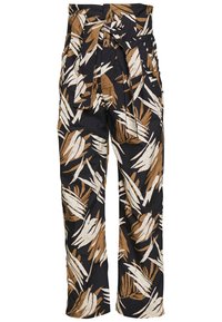 Svarta byxor med ett iögonfallande mönster av beige och bruna blad, högmidjade med ett knytbälte, och sidofickor. Tillverkade av lätt tyg.