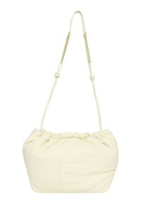 Borsa di tessuto color crema con un design arricciato, caratterizzata da una lettera "E" in rilievo e una tracolla con catena.
