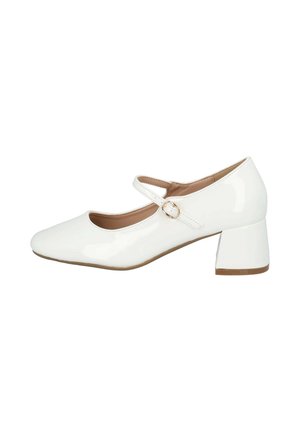 Scarpe Mary Jane in pelle verniciata bianca con punta arrotondata, cinturino alla caviglia con fibbia dorata e design con tacco a blocco.