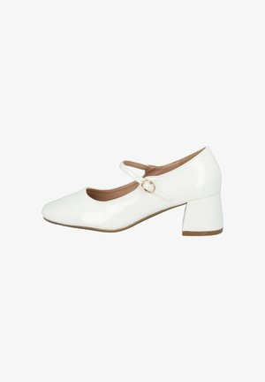 Scarpe Mary Jane in pelle verniciata bianca con punta arrotondata, cinturino alla caviglia con fibbia dorata e design con tacco a blocco.