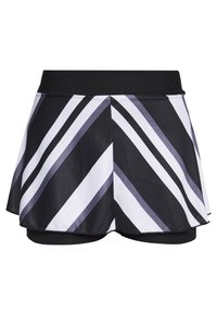 Skort a rayas blanco y negro con un diseño acampanado y una cinturilla elástica, que presenta rayas diagonales de diferentes anchos y una tela texturizada.