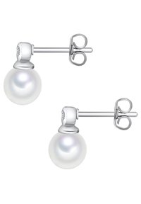 Pendientes de perlas con un enganche y respaldo de plata. Las perlas son redondas, suaves y ligeramente iridiscentes, con un diseño simple.