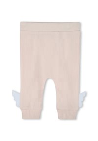 Világos rózsaszín bordázott leggings, puha elasztikus derékkal, fehér szárnyakkal díszítve az oldalon. Pamut anyag, egyszerű dizájn.