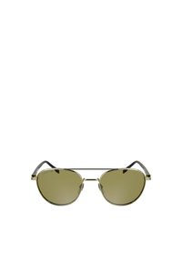 Złote metalowe okulary przeciwsłoneczne z oliwkowymi soczewkami, charakteryzujące się eleganckim, owalnym kształtem i czarnymi akcentami na zausznikach. Przezroczyste gumowe końcówki na uszy dla komfortu.