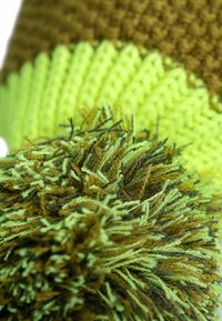 Knit cap with textured brown top, bright green ribbed band, and fluffy green-brown pom-pom; emphasizes yarn thickness and multi-tonal accent.