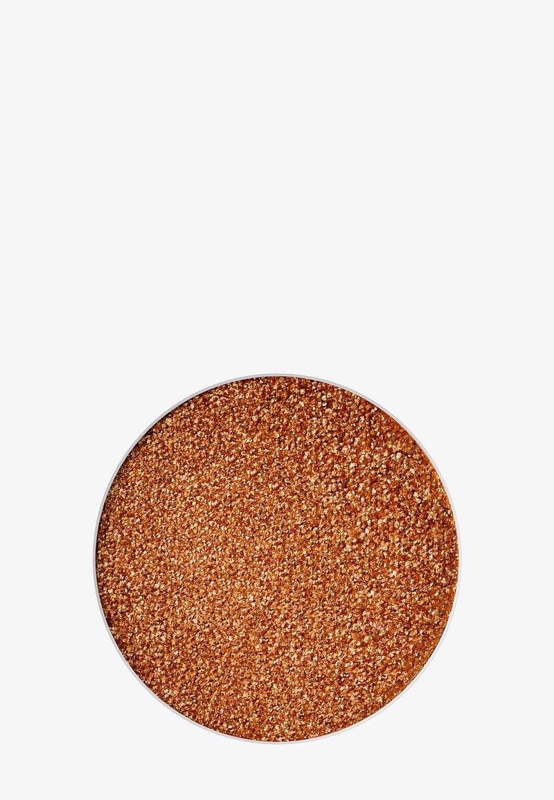 Bronze cosmetic powder in a round container. Features fine, sparkling granules with a metallic sheen. Color: rich coppery orange.