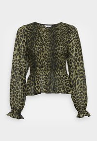 Blusa de padrão leopardo em verde e preto, com mangas longas e bufantes, detalhes franzidos e um hem escalope. Feita de um tecido leve.