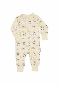 Krämfärgad babyromper med långa ärmar och ben, dekorerad med små panda- och bambudekorer, med en dragkedja framtill.
