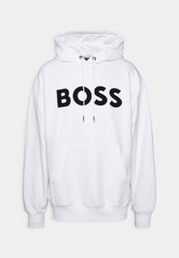 Weißer Kapuzenpullover mit "BOSS" in fetten schwarzen Buchstaben auf der Vorderseite, Kangaroo-Tasche, Kordelzüge, gerippte Bündchen und Saum. Weicher, strukturierten Stoff.