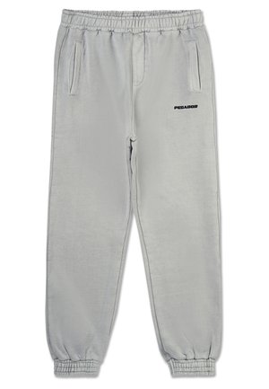 Ljust grå sweatpants i mjukt tyg, med elastisk midja, sidofar pockets och en svart logotypdetalj på vänster lår.