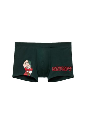 Mørkegrønne boxershorts med en karakterillustration af Grumpy og teksten "GRUMPY" i fede røde bogstaver. 100% bomuldsstof.