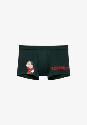 Shorts en coton de couleur vert foncé avec une illustration du personnage Grumpy et le texte "GRUMPY" en lettres rouges en gras.