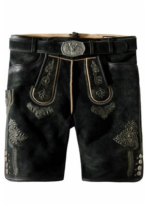 Schwarze Lederkurzshorts mit kunstvoller silberner Stickerei, dekorativen Nähten und einem metallischen Gurt. Enthält Seitentaschen und Knöpfe.