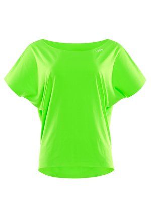 Neon green short-sleeve top with a wide boat neckline, made of smooth fabric. Features a loose fit and subtle logo detailing near the shoulder.