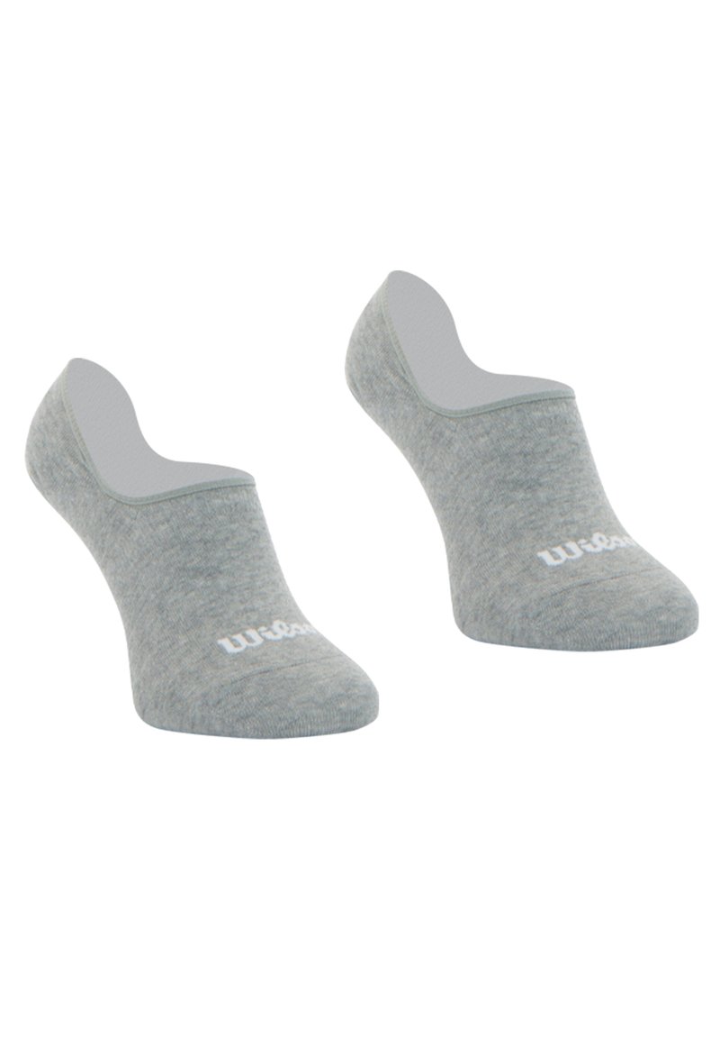 Chaussettes grises, hauteur cheville, avec une texture lisse, présentant un logo blanc discret. Le design est minimaliste et ajusté.