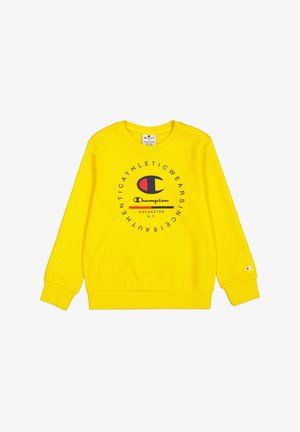 Sudadera amarilla con puños y dobladillo acanalados, con un gráfico de logo en rojo y azul en el centro frontal y un pequeño logo en la manga.