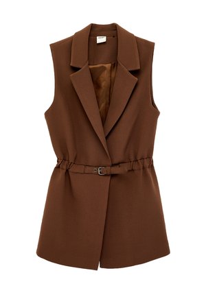 Ärmellose, braune Weste im Blazer-Stil mit Kerbkragen und passendem Gürtel in der Taille, ausgestattet mit einem glatten Innenfutter.