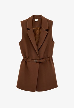 Mouwloze bruine blazer-achtige gilet met inkeping revers en een bijpassende riem in de taille, met een gladde binnenvoering.