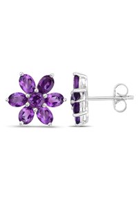 Lila Amethyst-Blumenförmige Ohrstecker mit silbernem Hintergrund und mehreren oval geschliffenen Steinen. Sie sind so gestaltet, dass sie einer Blumenblüte nachempfunden sind.