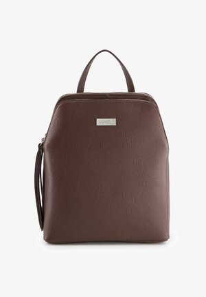 Brauner strukturierten Leder-Rucksack mit Tragegriff, seitlichem Reißverschluss und silberner "Venezia"-Logo-Plakette auf der Vorderseite.