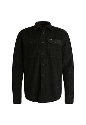 Camisa de franela negra con un patrón de cuadros, cierre de botones en la parte delantera, dos bolsillos en el pecho y un dobladillo ligeramente curvado. Tejido texturizado para mayor comodidad.