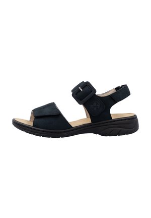 Black suede sandal with open toe, adjustable buckle strap, cushioned insole, and a flexible rubber sole, designed for comfort.