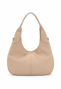 Beige hobo soma izgatavota no teksturētas ādas, ar izliekto rokturi, gludu apdari un smalku šuvju detaļu pa priekšpusi.