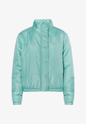 Heleline tealpuhvis berat, millel on kõrge krae, nööbiga sulgemine ja elastsed mansetid. Sile, läikiv tekstuur ja horisontaalne õmblusdetail.