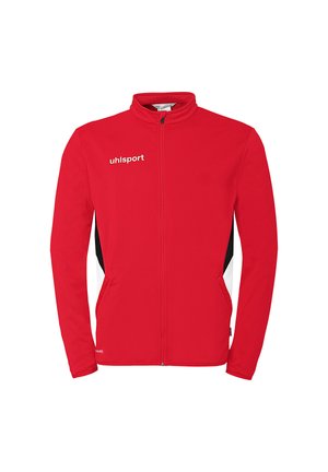 Veste de sport rouge à fermeture éclair complète avec panneaux latéraux noirs et blancs, manches longues, et logo "uhlsport" sur le côté gauche de la poitrine.