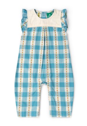 Blau-weiß kariertes Baby-Strampler mit orangefarbenen Blütenlinien, weißem Joch und Rüschenärmeln.