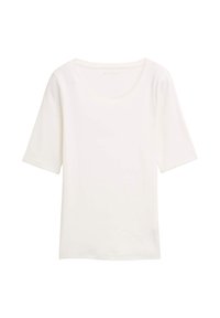 Witte T-shirt met korte mouwen en ronde hals, gemaakt van zachte stof. Gladde textuur, eenvoudig ontwerp, zonder zichtbare patronen of accenten.