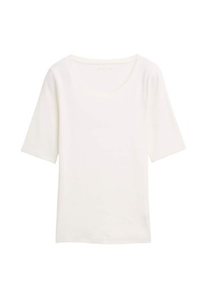 Weißes Kurzarm-T-Shirt mit Rundhalsausschnitt, aus weichem Stoff. Glatte Textur, einfaches Design und keine sichtbaren Muster oder Akzente.