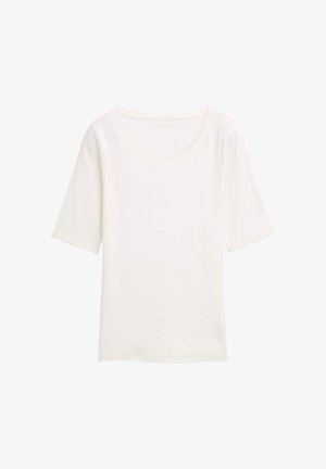 Balts īsām piedurknēm T-krekls ar apaļu kakla izgriezumu, izgatavots no mīksta auduma. Gluda tekstūra, vienkāršs dizains un bez redzamām rakstainēm vai akcents.