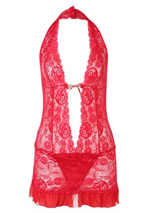 Rotes Spitzen-Chemise mit tiefem V-Ausschnitt, Halterneck-Bindung, Blumenmuster und Rüschensaum. Enthält einen passenden roten Spitzen-Thong.
