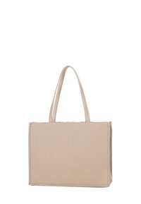 Sac fourre-tout beige avec un corps en tissu texturé et des poignées en cuir lisse, présentant une forme rectangulaire simple et un design minimaliste.
