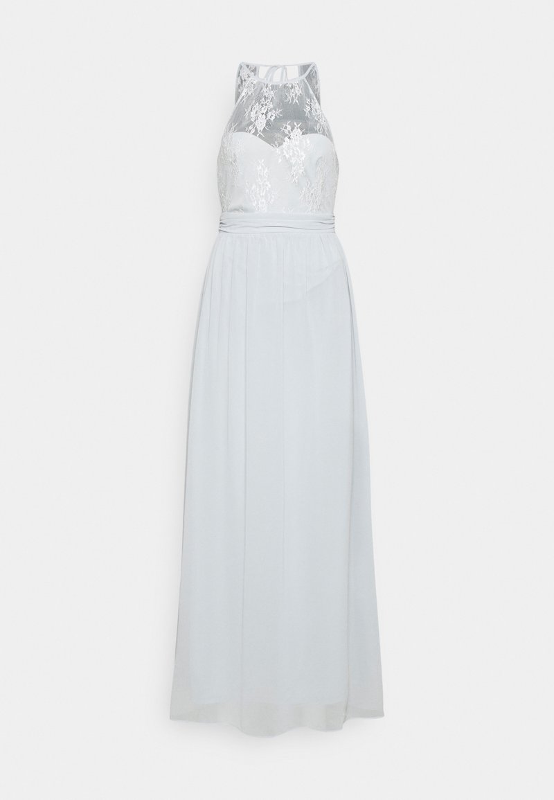 Vestido longo azul claro com corpete rendado, decote halter, saia plissada e uma textura suave com cintura ajustada.