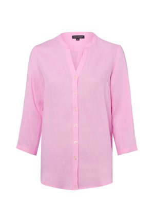 Hellrosa Damenbluse mit Stehkragen, Knopfleiste vorne und dreiviertellangen Ärmeln.
