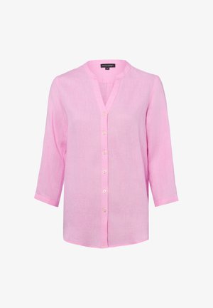 Hellrosa Damenbluse mit Stehkragen, Knopfleiste vorne und dreiviertellangen Ärmeln.