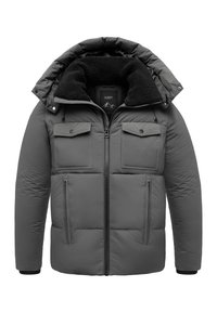 Graue gepolsterte Jacke mit hohem Kragen, Frontreißverschluss und zwei Brusttaschen. Besitzt ein weiches schwarzes Fleece-Futter und elastische Bündchen.