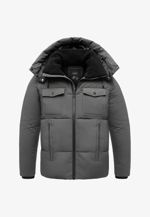 Gray padded jacket with a high collar, front zipper, and two chest pockets. Features a soft black fleece lining and elastic cuffs.