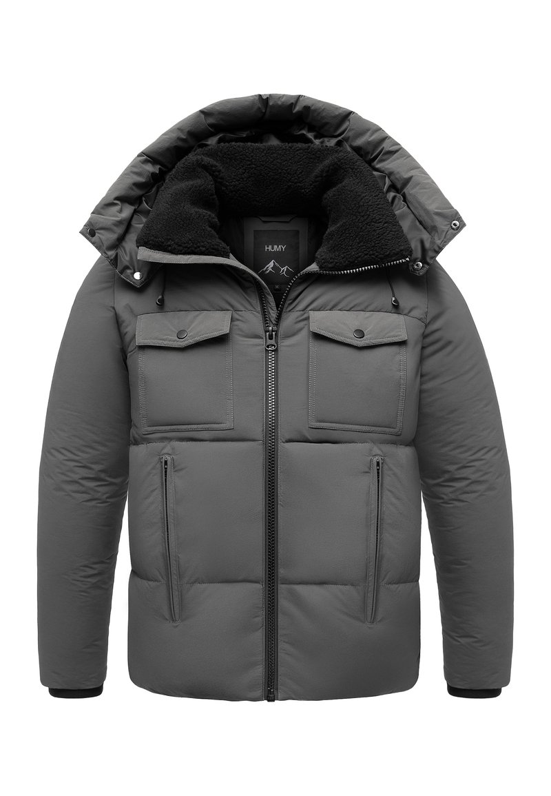Graue gepolsterte Jacke mit hohem Kragen, Frontreißverschluss und zwei Brusttaschen. Besitzt ein weiches schwarzes Fleece-Futter und elastische Bündchen.