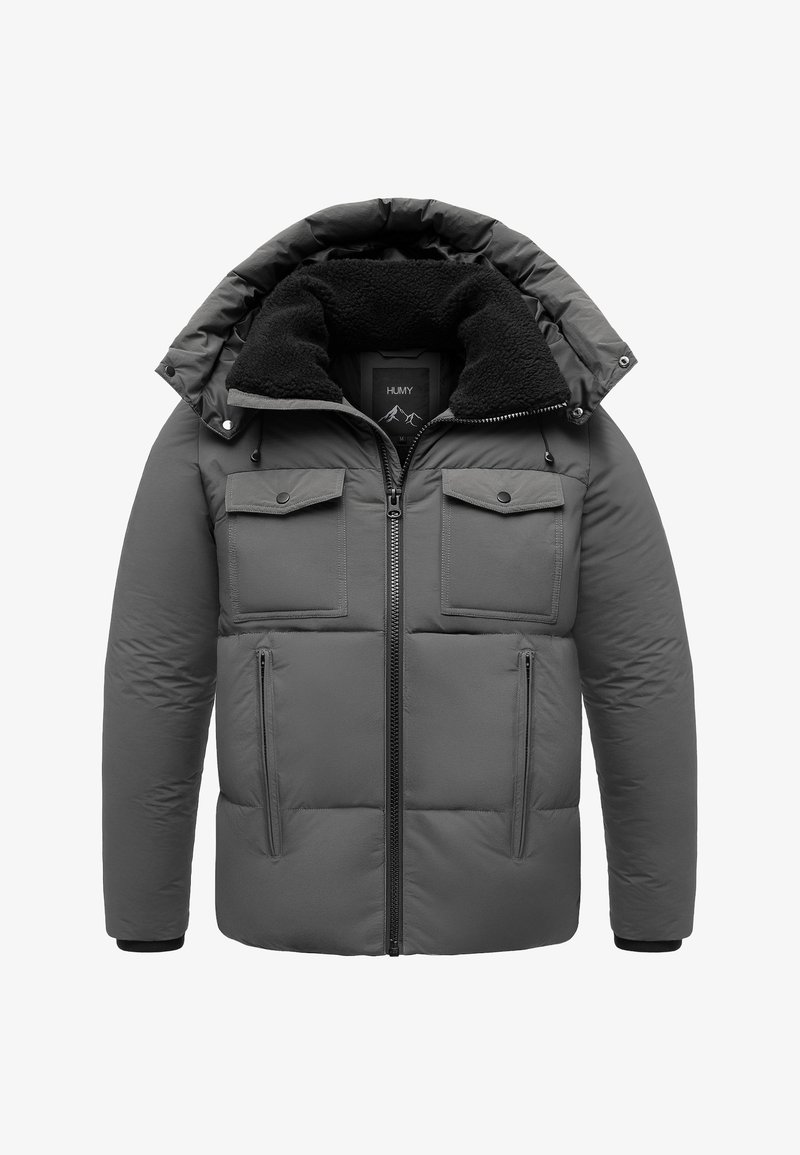 Graue gepolsterte Jacke mit hohem Kragen, Frontreißverschluss und zwei Brusttaschen. Besitzt ein weiches schwarzes Fleece-Futter und elastische Bündchen.
