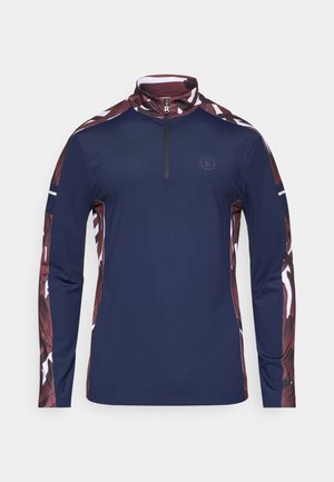 Sudadera de manga larga azul marino con cuello de media cremallera. Presenta mangas decoradas en burdeos con detalles blancos y un pequeño logotipo en el pecho.